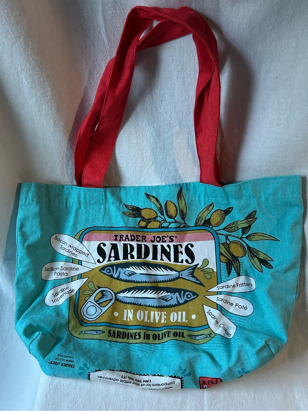 Trader Joe’s Sardine Toast Canvas Tote Bag Red Handles Two-Sided Design Rare
